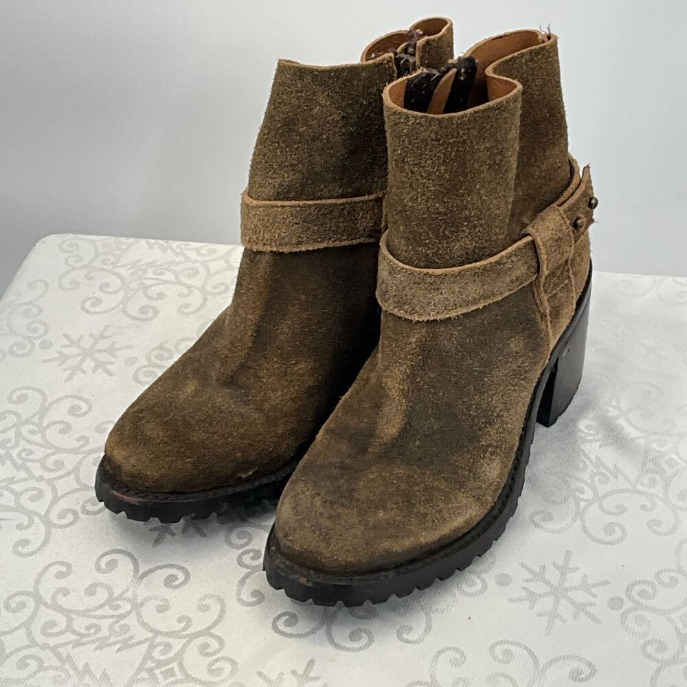 Brown Suede Heeled Ankle Boots Size 8With Strap Accents & Side Zippers For Women